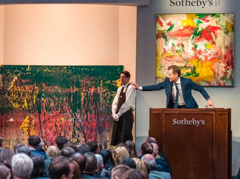 Auctioneer at a Sotheby's sale with a packed room and two paintings